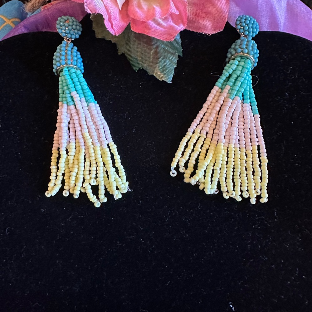 Seed Bead Turquoise and Yellow Tassel Earrings